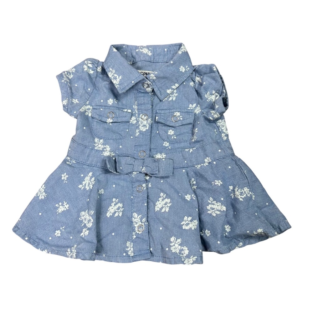 OshKosh Genuine Kids Floral Chambray Snap Front Blue Belted Dress Size 0-3M